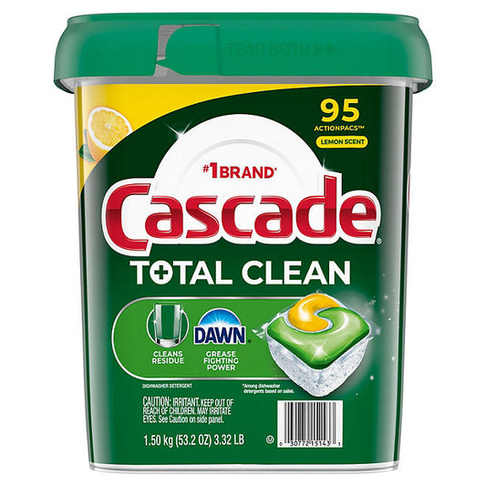 Cascade Total Clean ActionPacs Dishwasher Detergent Pacs, Lemon Scent, 95 ct.